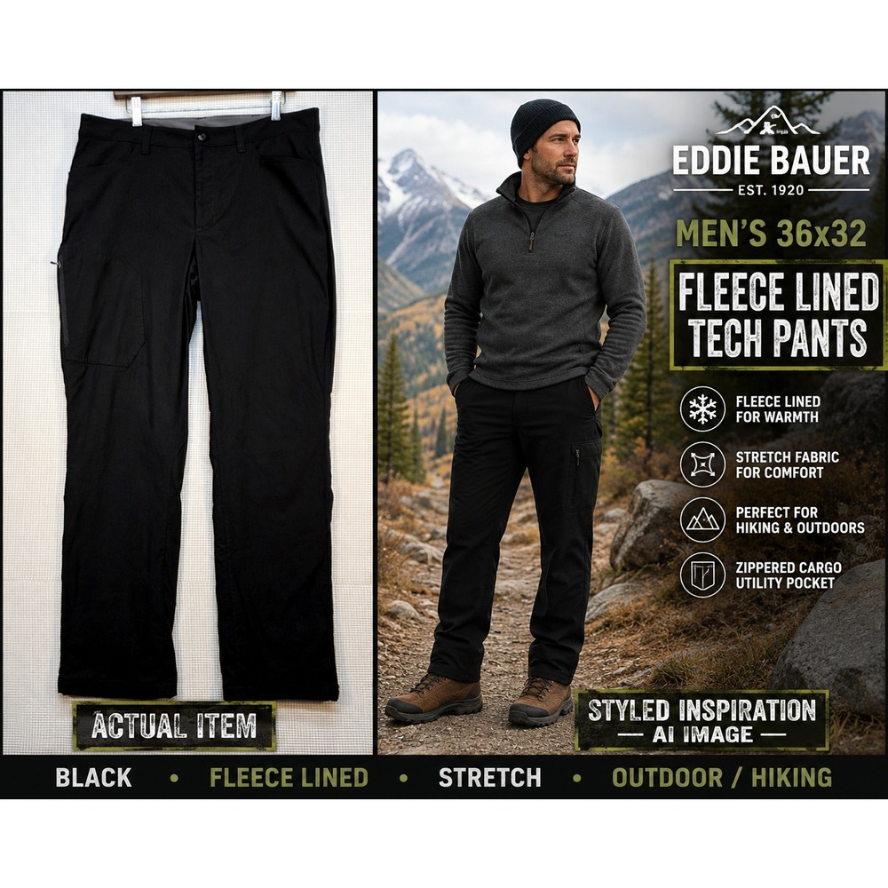 Eddie Bauer Men's Fleece Lined Tech Pants 36x32 Black Hiking Outdoor Travex